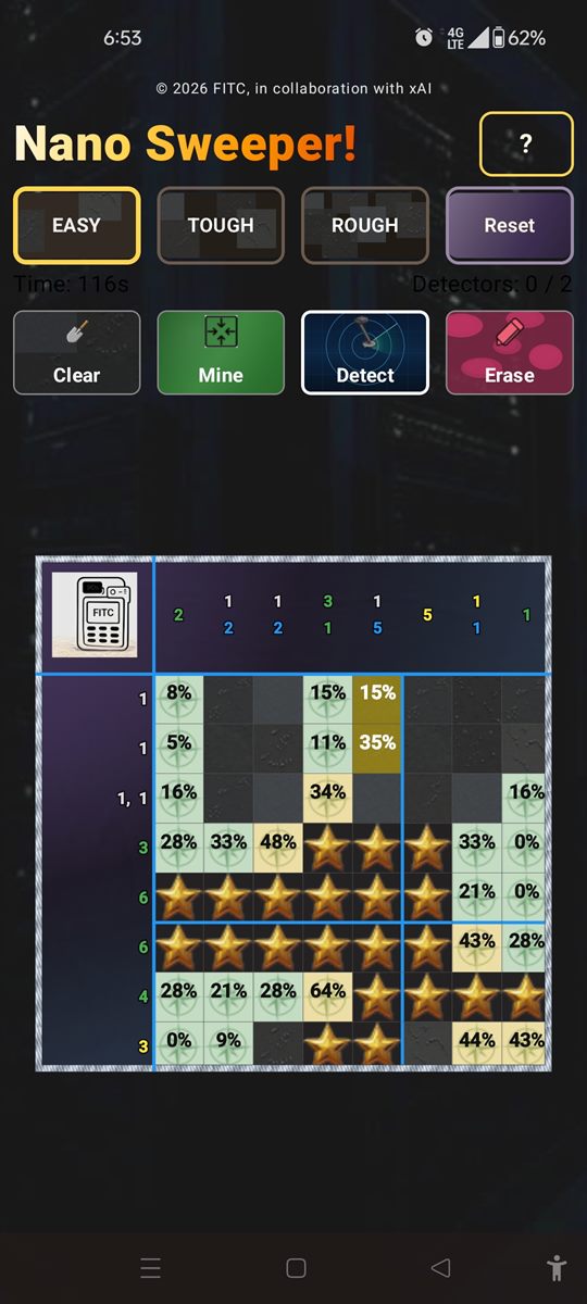 NanoSweeper board during play, with mines marked and probability hints
