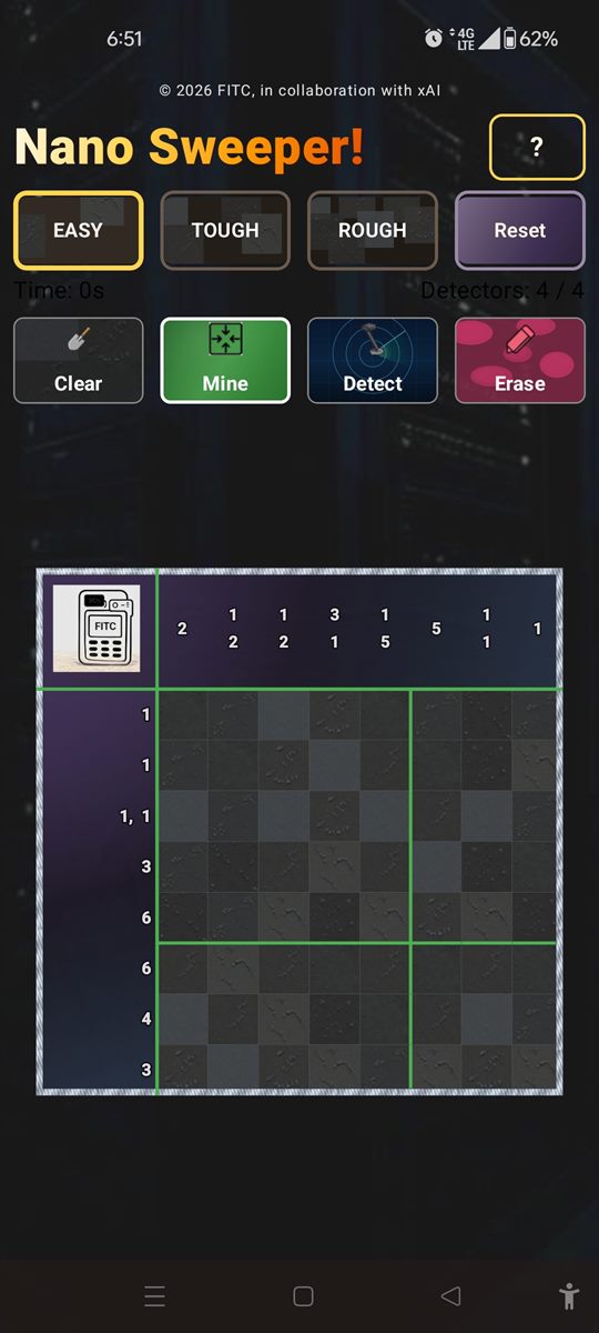 NanoSweeper Easy board at the start of a game